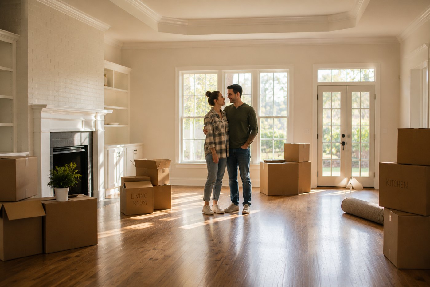 Couple embracing in their new living room surrounded by moving boxes