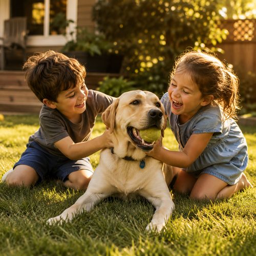 Two children playing with their dog at golden hour