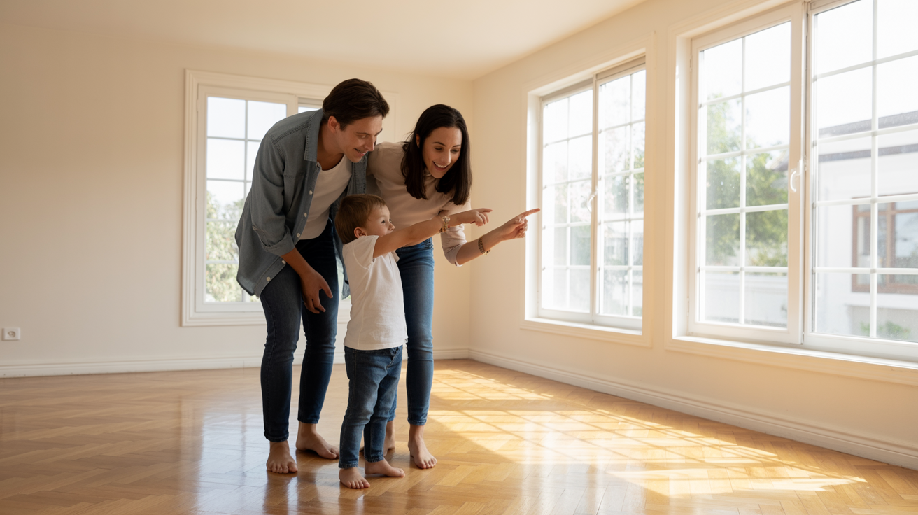 A young family in front of the home they are buying